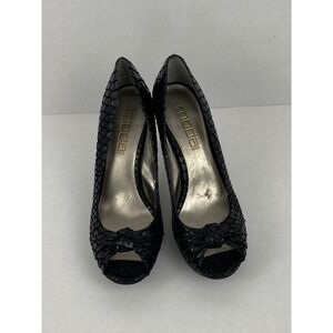 Moda Spana Black Faux Snakeskin Embossed Peep Toe Platform Pumps Heels‎ 7.5M